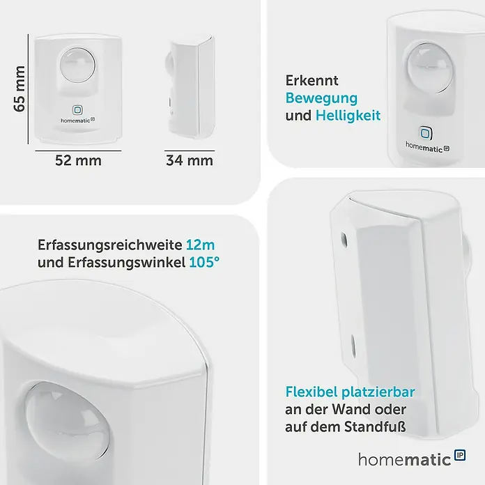 Homematic IP Funk-Bewegungsmelder HmIP-SMI - Weiß, 34 x 52 x 65 mm, Batteriebetrieben - Weißer Homematic IP Bewegungs- und Helligkeitssensor, 65x52x34mm. Bietet 12m/105° Erfassung und flexible Wand-/Standfußmontage.
