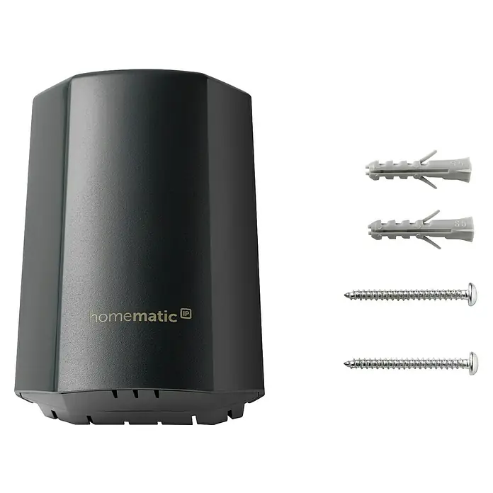 Homematic IP Funk-Temperatursensor HmIP-STHO-A - Anthrazit, 5,9 x 8,2 x 4,1 cm, Batteriebetrieben, IP44 - Dunkelgraues sechseckiges Homematic IP Smart-Home-Gerät mit S5 Dübeln und Schrauben.