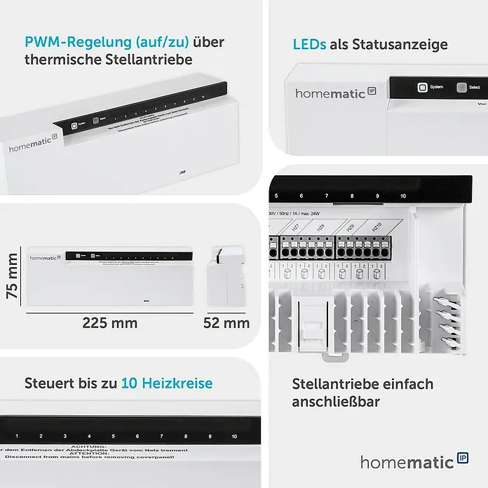 Homematic IP Fußbodenheizungsregler HmIP-FAL230-C10 - 52 x 225 x 75 mm, Funk, 230 V - Weißer Homematic IP Heizkreisregler, von vorne und Seite mit Verkabelungsanschlüssen gezeigt, zur Steuerung von bis zu 10 Heizzonen.