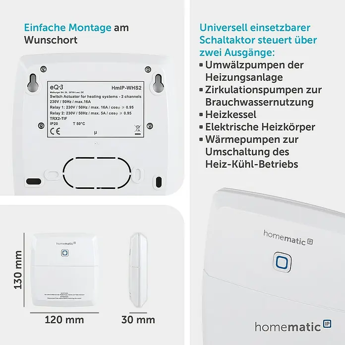 Homematic IP Funkschalter Aktor HmIP-WHS2 - 2-fach, Weiß, 30 x 120 x 130 mm, 230 V - Weißer Homematic IP Schaltaktor für Heizsysteme mit zwei Relais, mit Produktetiketten und Maßen.