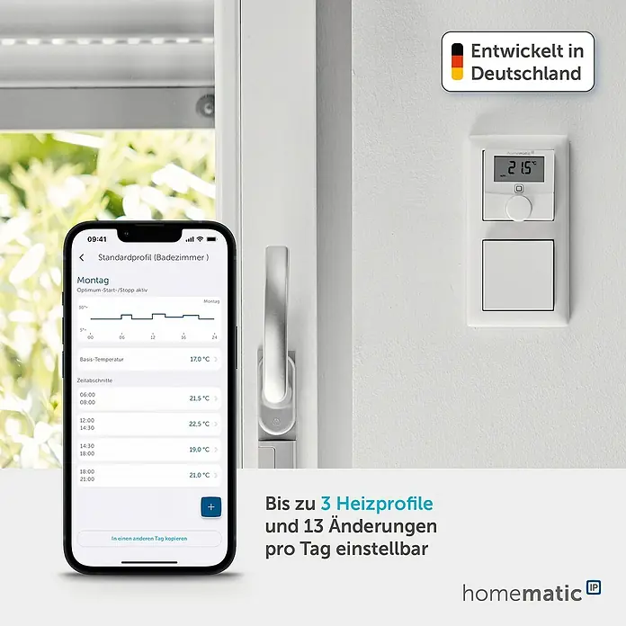 Homematic IP Funk-Raumthermostat HmIP-BWTH - Netzbetrieben, 230 V, 54 x 86 x 86 mm, Weiß - Ein Smartphone zeigt eine Heizprofil-App, daneben ein weißer Wandthermostat mit 21,5°C, zur smarten Heizungssteuerung.