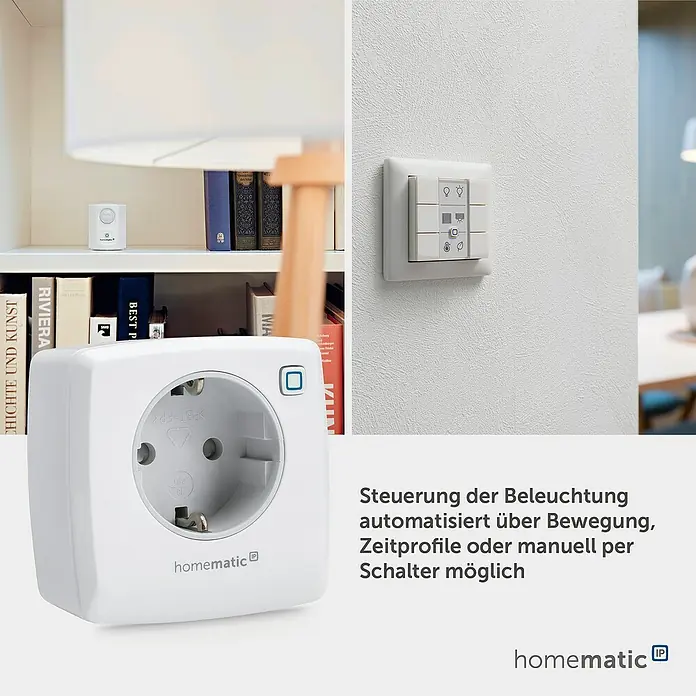Homematic IP Funksteckdose Phasenabschnittdimmer HmIP-PDT - Weiß, 230 V - Weiße Homematic IP Smart-Steckdose, Wandschalter und Bewegungsmelder zur automatisierten Lichtsteuerung im modernen Zuhause.