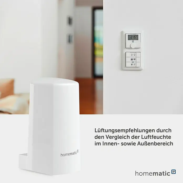 Homematic IP Funk-Temperatursensor HmIP-STHO - Weiß, 5,9 x 8,2 x 4,1 cm, Batteriebetrieben, IP44 - Ein weißer Smart-Home-Sensor auf einer Oberfläche, mit einem weißen Wandthermostat, der 21,5°C anzeigt.