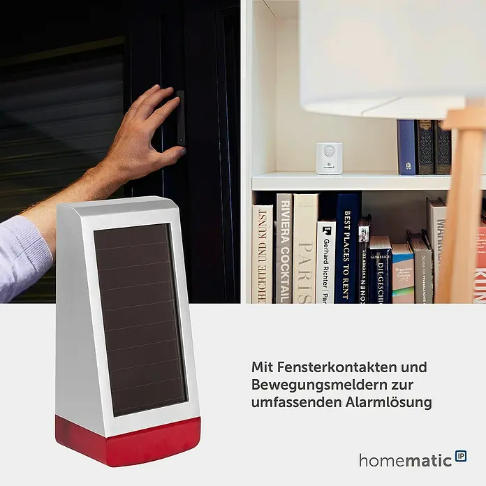 Homematic IP Alarmsirene HmIP-ASIR-O - Solarbetrieben, Alarmsignal: 100 dB, 8,7 x 11 x 23 cm - Smart Home Alarmsystem mit silberner Solarsirene, dunklem Fensterkontakt und weißem Bewegungsmelder für umfassende Sicherheit.