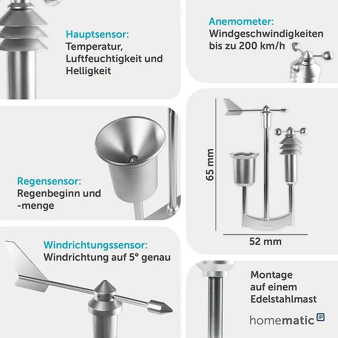 Homematic IP Funk-Wettersensor HmIP-SWO-PR - Batteriebetrieben, 15 x 40 x 65 cm, Edelstahl - Silberne Homematic IP Wetterstation mit Sensoren für Temperatur, Feuchtigkeit, Helligkeit, Wind und Regen, montierbar auf Edelstahlmast.