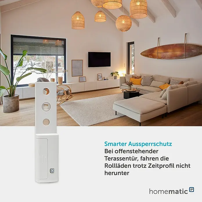 Homematic IP Fenstersensor HmIP-SRH - Weiß, 16 x 32 x 143 mm, Batteriebetrieben - Weißer Homematic IP smarter Tür-/Fensterkontakt in zwei Teilen, dessen Funktion in einem modernen Wohnzimmer hervorgehoben wird.