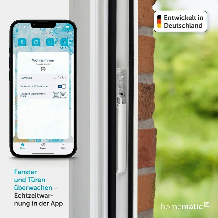 Homematic IP Fenster- & Türsensor HmIP-SWDO-I - Weiß, 19 x 166,5 x 12,5 mm, Batteriebetrieben - Smarter Fenster-/Türsensor an weißem Fensterrahmen, gesteuert über eine Smartphone-App.