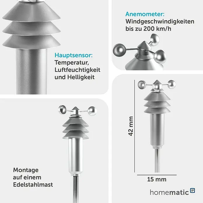 Homematic IP Funk-Wettersensor HmIP-SWO-B - Batteriebetrieben, 15 x 15 x 42 cm, Edelstahl - Silberner Wettersensor mit Anemometer für Wind, Temperatur, Feuchtigkeit und Helligkeit.