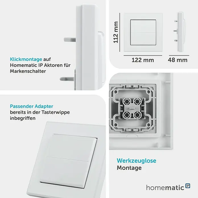 Homematic IP Taster Wippe HmIP-BRU - Ohne Pfeile, Weiß, 16 x 86 x 86 mm - Weißer Homematic IP Tasterwippen-Aufsatz mit Maßen und Innenansicht, für Klickmontage und werkzeuglose Installation.