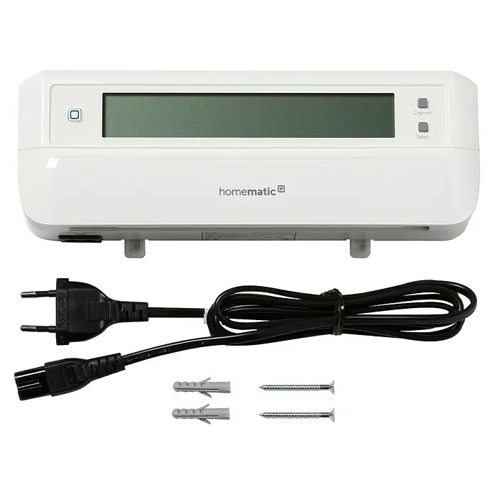Homematic IP Fußbodenheizungsregler HmIP-FALMOT-C12 - 5,2 x 24,2 x 8,5 cm - Weiße Homematic IP Smart-Home-Steuereinheit mit Display, Netzkabel, Dübeln und Schrauben zur Montage.
