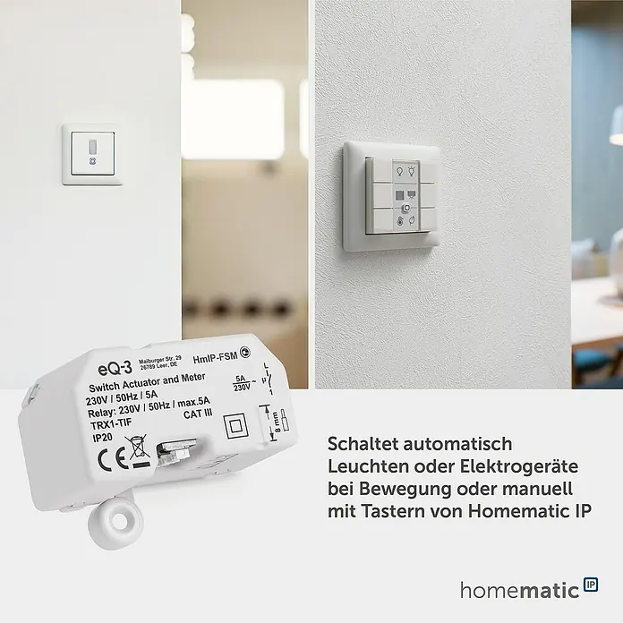 Homematic IP Funkschalter Mess-Aktor HmIP-FSM16 - 230 V, 16 A, 41 x 54 x 33 mm - Weißer Homematic IP Schaltaktor und Messgerät mit kompatiblen Wandschaltern zur automatischen oder manuellen Steuerung von Geräten.