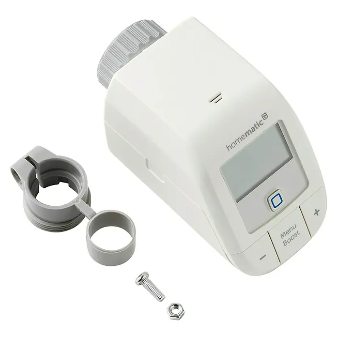 Homematic IP Heizkörper-Thermostat HmIP-eTRV-B-2 - M30 x 1,5 mm, Batteriebetrieben, 102 x 57 x 68 mm, Weiß, 1 Stk. - Weißer smarter Heizkörperthermostat mit Display und Tasten, zusammen mit grauem Montageadapter und Schraubensatz.