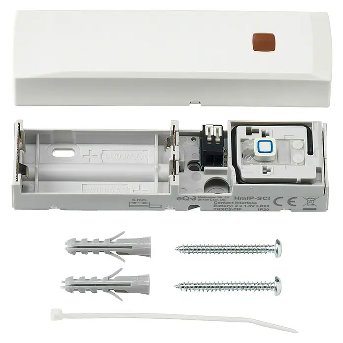 Homematic IP Kontakt-Schnittstelle HmIP-SCI - Grau, Batteriebetrieben, 17 x 26 x 100 mm - Weißes Homematic IP Kontakt-Interface, zerlegt mit sichtbarem AAA-Batteriefach, Taste und Elektronik, inklusive Schrauben, Dübeln und Kabelbinder.
