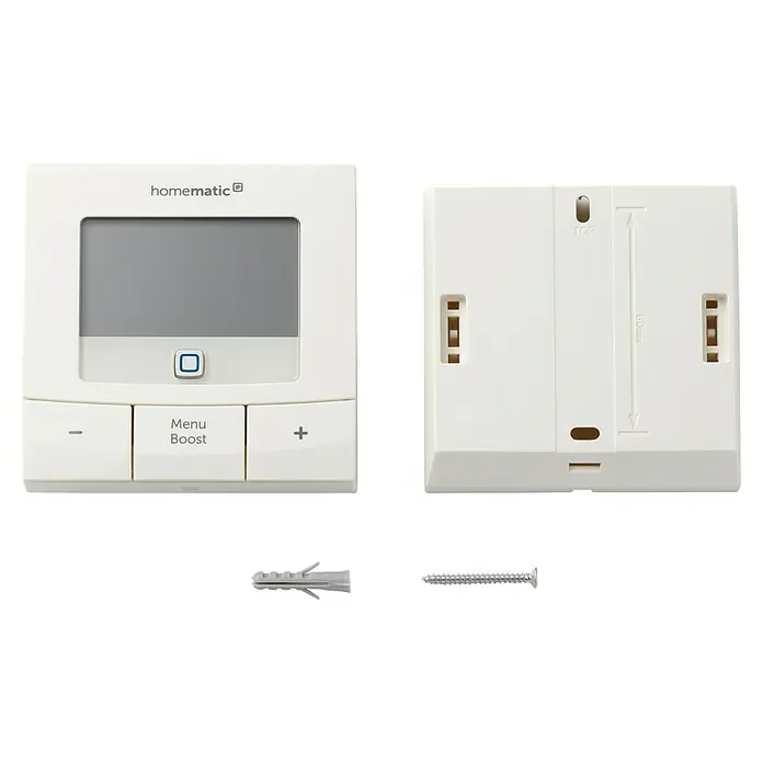 Homematic IP Funk-Raumthermostat HmIP-WTH-B - Weiß, Batteriebetrieben, 22 x 85 x 85 mm - Weißes Homematic IP Smart-Home-Bedienteil, Vorderansicht mit Display und Tasten, Rückansicht mit Befestigungslöchern. Inklusive Dübel und Schraube.