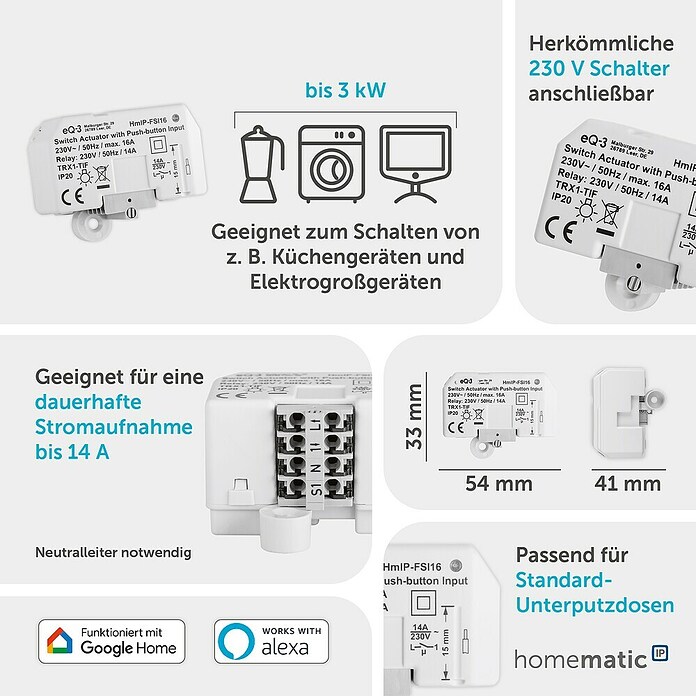 Homematic IP Funkschalter HmIP-FSI16 (Unterputz, 230 V, 16 A, 3 220 W) | BAUHAUS