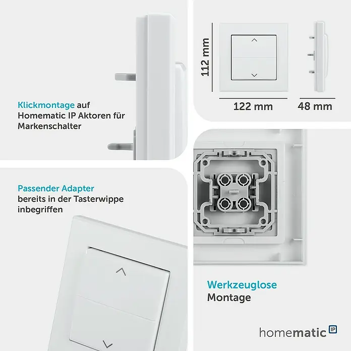 Homematic IP Taster Wippe HmIP-BRA - Mit Pfeilen, Weiß, 16 x 86 x 86 mm - Weiße Homematic IP Wipptaster-Abdeckung mit Pfeilen, für werkzeuglose Klickmontage. Maße abgebildet.