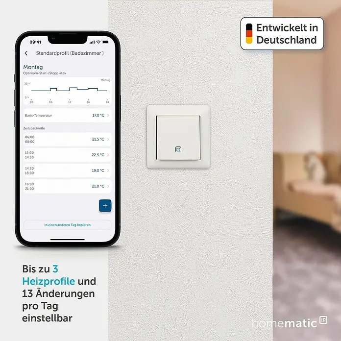 Homematic IP Funk-Temperatursensor HmIP-STH - Weiß, 20 x 86 x 86 mm, Batteriebetrieben - Weißer Smart-Home-Wandschalter und ein Smartphone mit einer App zur Verwaltung detaillierter Heizprofile und Temperaturen.