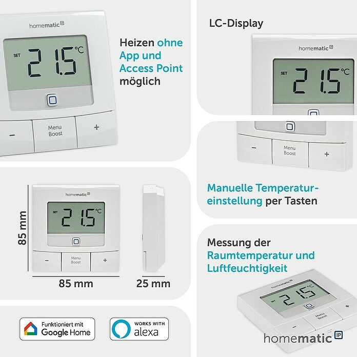 Homematic IP Funk-Raumthermostat HmIP-WTH-B (Weiß, Batteriebetrieben, 22 x 85 x 85 mm) | BAUHAUS