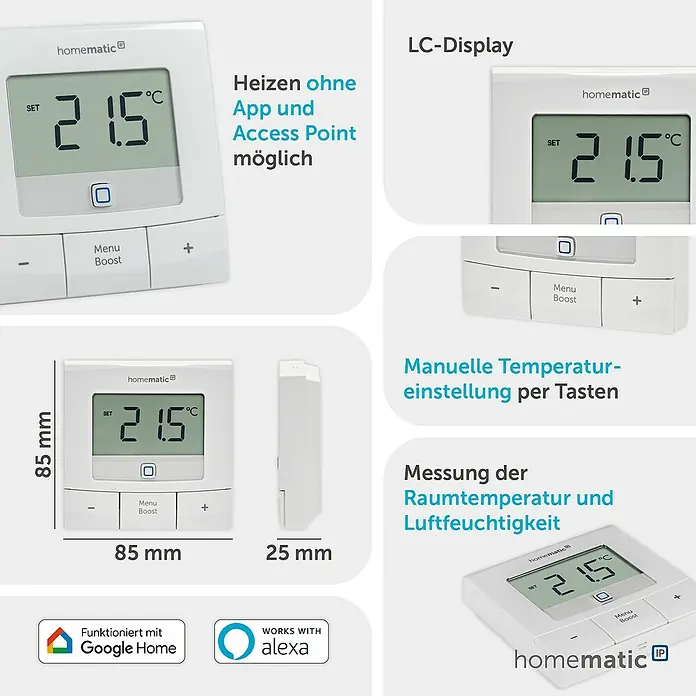 Homematic IP Funk-Raumthermostat HmIP-WTH-B - Weiß, Batteriebetrieben, 22 x 85 x 85 mm - Weißer Homematic IP Raumthermostat mit LCD-Display für Temperaturanzeige und manueller Steuerung per Tasten.
