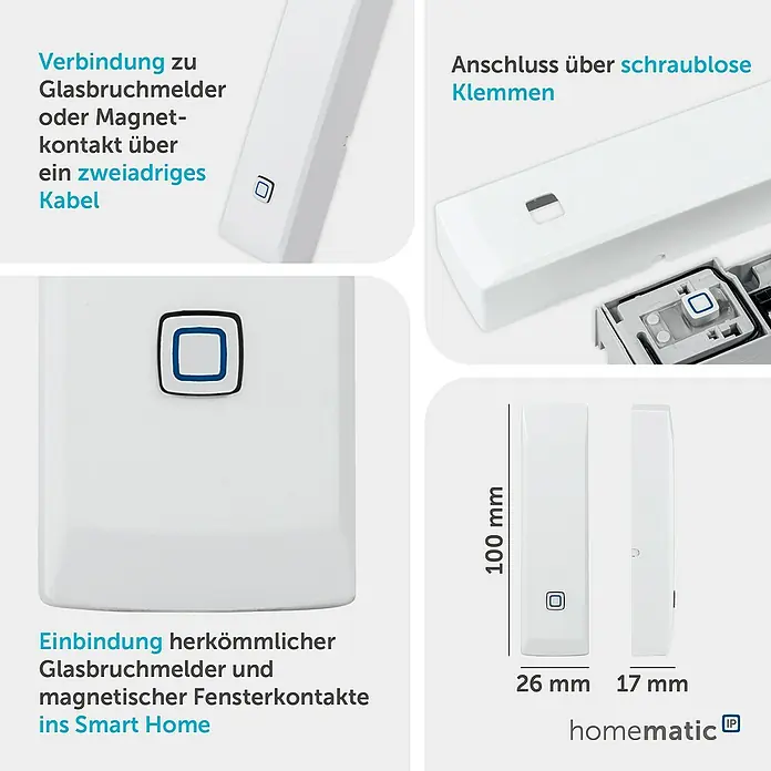 Homematic IP Kontakt-Schnittstelle HmIP-SCI - Grau, Batteriebetrieben, 17 x 26 x 100 mm - Weißes Homematic IP Smart Home Modul zum Anschluss externer Sensoren, mit schraublosen Klemmen und Maßen 100x26x17mm.