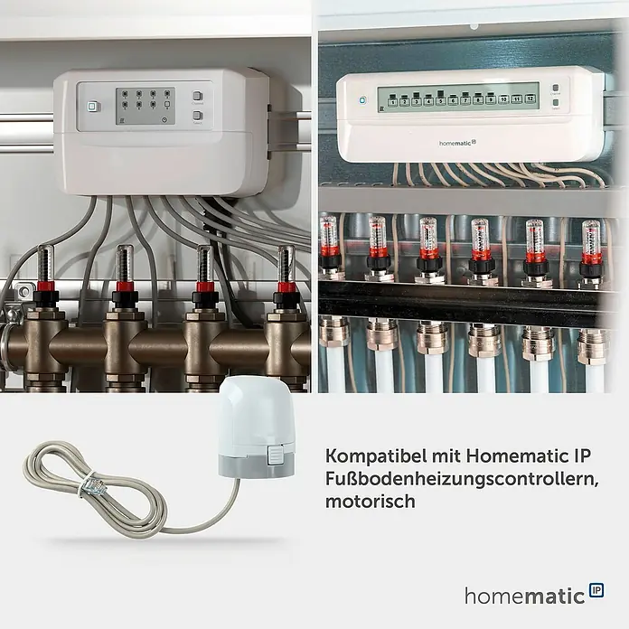 Homematic IP Set Fußbodenheizung HmIP-FALMOT-C12 mit Steuerzentrale Access Point 2 - Schwarz - Weiße Homematic IP Fußbodenheizungssteuerungen mit Display, verbunden mit Messingverteiler, Durchflussmessern und Motorventil.