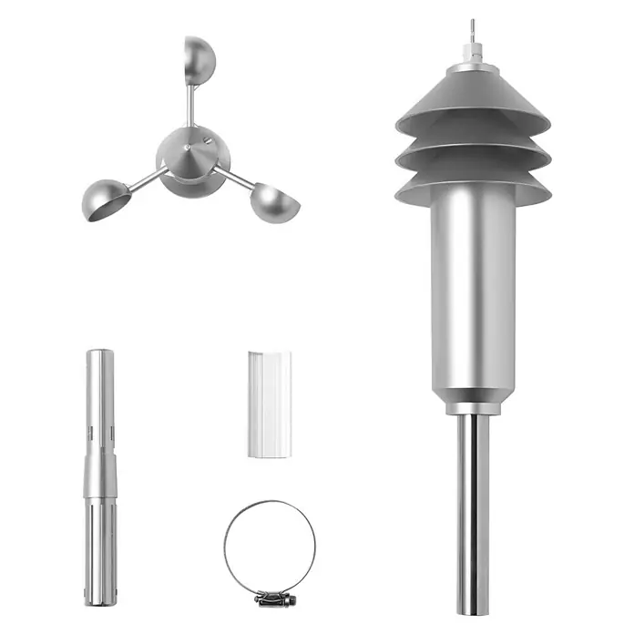 Homematic IP Funk-Wettersensor HmIP-SWO-B - Batteriebetrieben, 15 x 15 x 42 cm, Edelstahl - Silberne Wetterstationskomponenten: Anemometer, Strahlungsschutz, Montagestange, weißer Regenmesser-Trichter und eine Metallklammer.