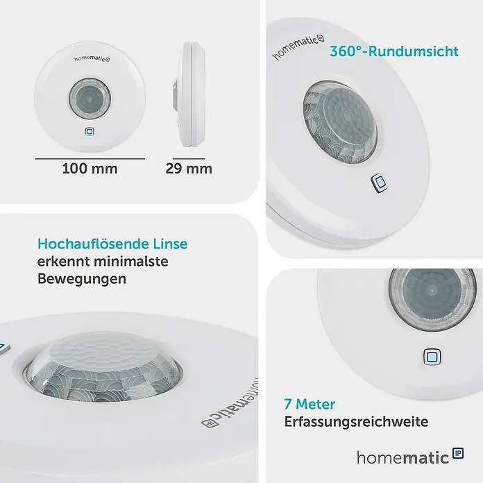 Homematic IP Bewegungsmelder HmIP-SPI - Batteriebetrieben, Ø x H: 10 x 2,9 cm, Bewegungssensorik, 105 ° - Weißer, runder Homematic IP Bewegungsmelder mit 100 mm Durchmesser, 29 mm Höhe, 360°-Erfassung und 7 Meter Reichweite.