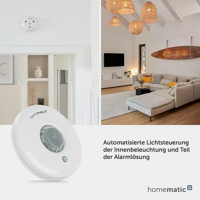 Homematic IP Bewegungsmelder HmIP-SPI - Batteriebetrieben, Ø x H: 10 x 2,9 cm, Bewegungssensorik, 105 ° - Ein weißer Homematic IP Bewegungsmelder für automatisierte Lichtsteuerung und Alarmlösungen, in einem modernen Wohnzimmer.
