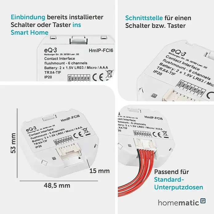 Homematic IP Funkschalter Contact Interface HmIP-FCI6 - Batteriebetrieben, 4,85 x 1,5 x 5,3 cm - Weißes Homematic IP HmIP-FCI6 Unterputz-Kontaktschnittstelle (6-Kanal) zur Smart-Home-Integration, mit Abmessungen und Kabelanschluss.