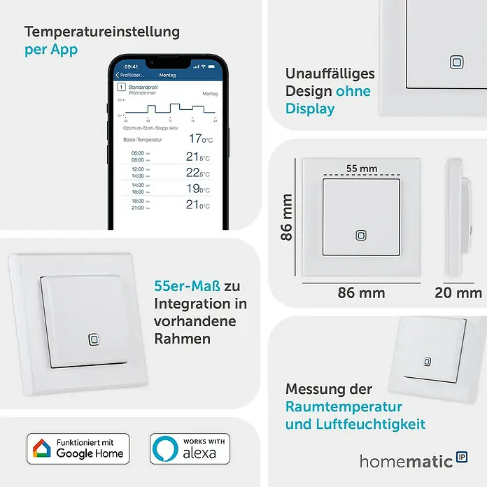 Homematic IP Funk-Temperatursensor HmIP-STH - Weiß, 20 x 86 x 86 mm, Batteriebetrieben - Weißer smarter Raumfühler/Thermostat ohne Display, per App steuerbar, misst Temperatur und Luftfeuchtigkeit, zur Integration in Rahmen.