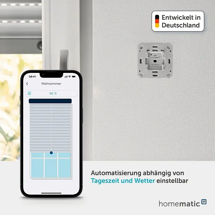 Homematic IP Rollladenschalter HmIP-BROLL-2 - Unterputz, 71 x 71 x 37 mm, Funk - Eine Smartphone-App zeigt Homematic IP Rollladensteuerung auf 66%, neben dem wandmontierten Aktor für Smart Home Automation.