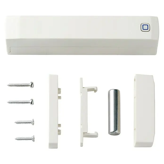 Homematic IP Funk-Fensterkontakt HmIP-SWDM-2 - Weiß, Batteriebetrieben, 25 x 102 x 18 mm - Weißes rechteckiges Tür-/Fenstersensor-Set mit blauem Knopf, Schrauben, Halterungen und Magnet.