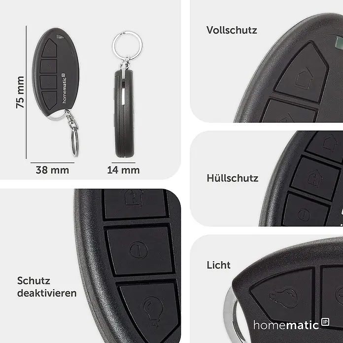 Homematic IP Funkfernbedienung Schlüsselanhänger Alarm HmIP-KRCA - Schwarz, 14 x 38 x 75 mm - Schwarze Homematic IP Schlüsselfernbedienung, 75x38x14mm, mit vier Funktionstasten für Haussicherheit und Lichtsteuerung.