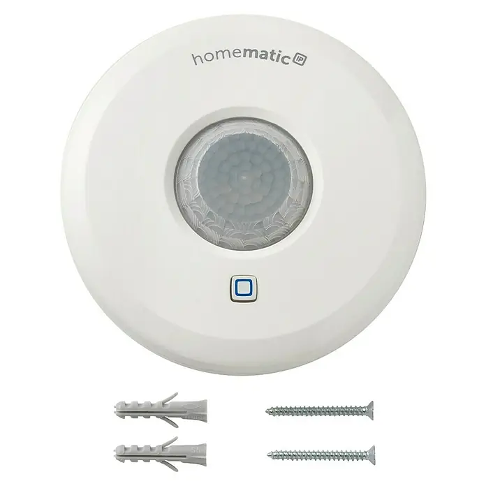 Homematic IP Bewegungsmelder HmIP-SPI - Batteriebetrieben, Ø x H: 10 x 2,9 cm, Bewegungssensorik, 105 ° - Weißer Homematic IP Smart Home Bewegungsmelder mit grauer Linse, blauem Knopf, Dübeln und Schrauben.