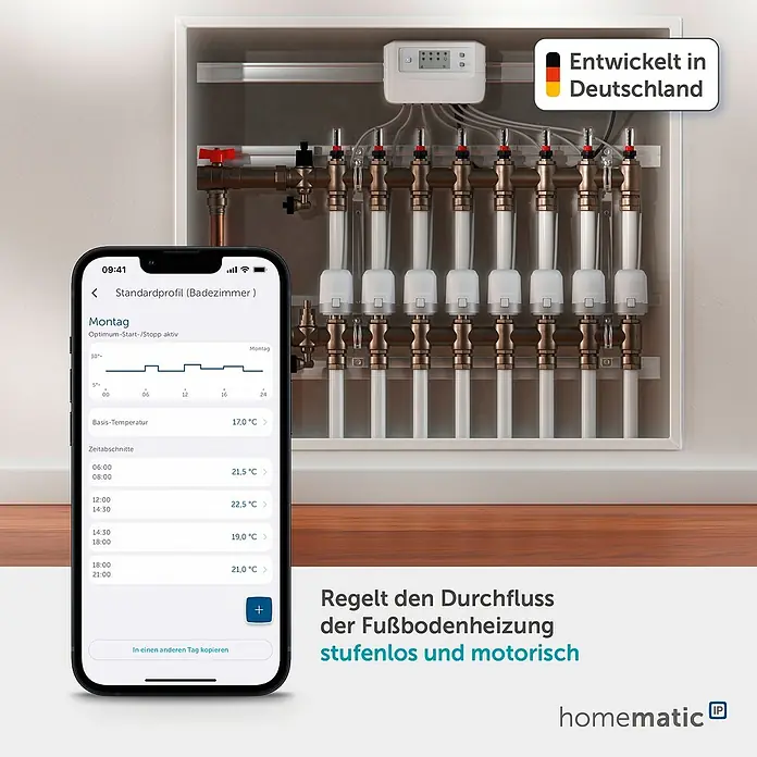 Homematic IP Set Fußbodenheizung HmIP-FALMOT-C12 mit Steuerzentrale Access Point 2 - Schwarz - Homematic IP Smart-Fußbodenheizungssteuerung mit weißer Bedieneinheit, Verteiler mit motorisierten Ventilen und Smartphone mit App-Oberfläche.