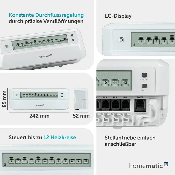 Homematic IP Fußbodenheizungsregler HmIP-FALMOT-C12 - 5,2 x 24,2 x 8,5 cm - Weißer Homematic IP Heizkreisverteiler mit LC-Display, steuert bis zu 12 Heizkreise und zeigt Ventilstellungen.