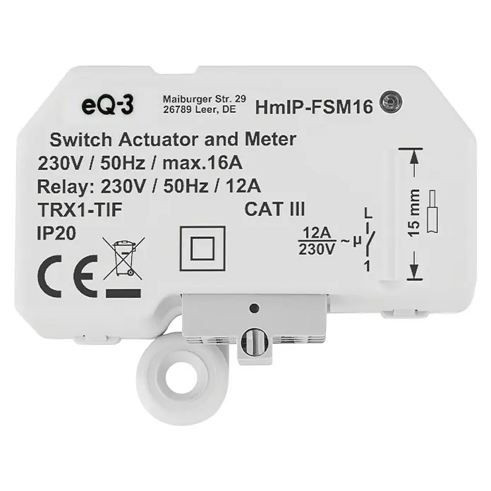Homematic IP Funkschalter Mess-Aktor HmIP-FSM16 - 230 V, 16 A, 41 x 54 x 33 mm - Weißer eQ-3 HmIP-FSM16 Schaltaktor und Energiezähler, kompaktes Relaismodul mit aufgedruckten Spezifikationen.