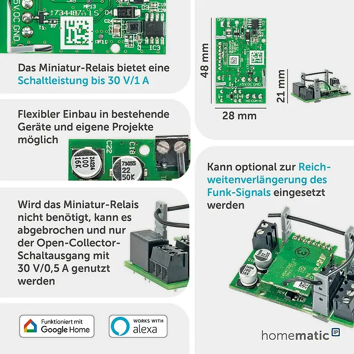 Homematic IP Schaltcontroller HmIP-PCBS - 2,8 x 4,8 x 2,1 cm, Schaltspannung max.: 30 V - Grüne Miniatur-Relaisplatine für Smart Home-Integration, zeigt Maße 48x28x21mm und verschiedene elektronische Bauteile.