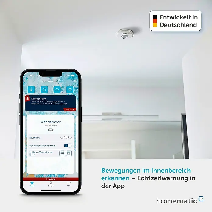 Homematic IP Bewegungsmelder HmIP-SPI - Batteriebetrieben, Ø x H: 10 x 2,9 cm, Bewegungssensorik, 105 ° - Homematic IP Smart Home App auf Smartphone zeigt Einbruchalarm eines Decken-Bewegungsmelders.