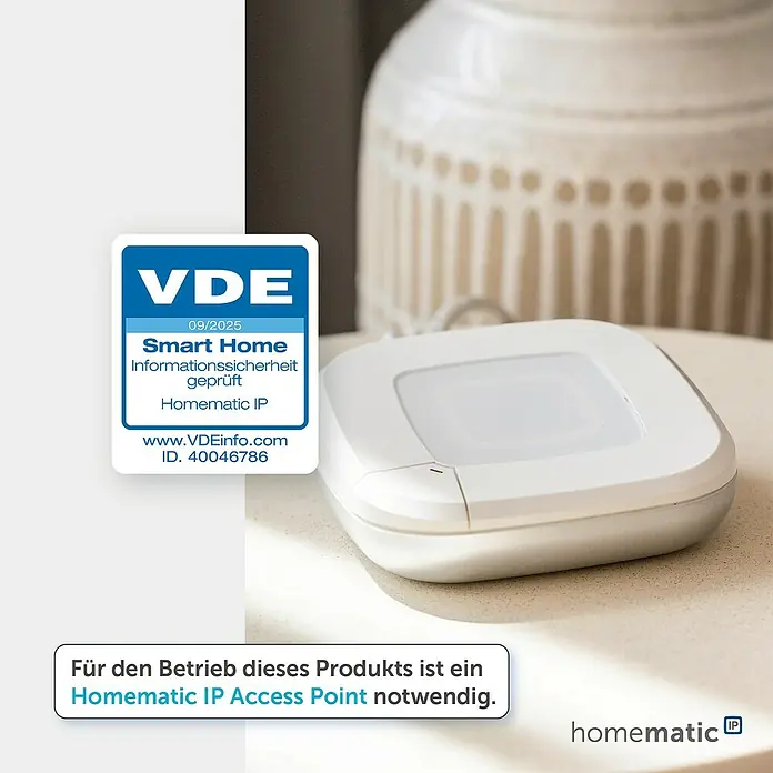 Homematic IP Funk-Wandtaster 6-fach, 230 V HmIP-WRC6-230 - Weiß - Ein weißes Homematic IP Smart-Home-Gerät mit VDE-Sicherheitszertifikat, das einen Access Point zum Betrieb benötigt.
