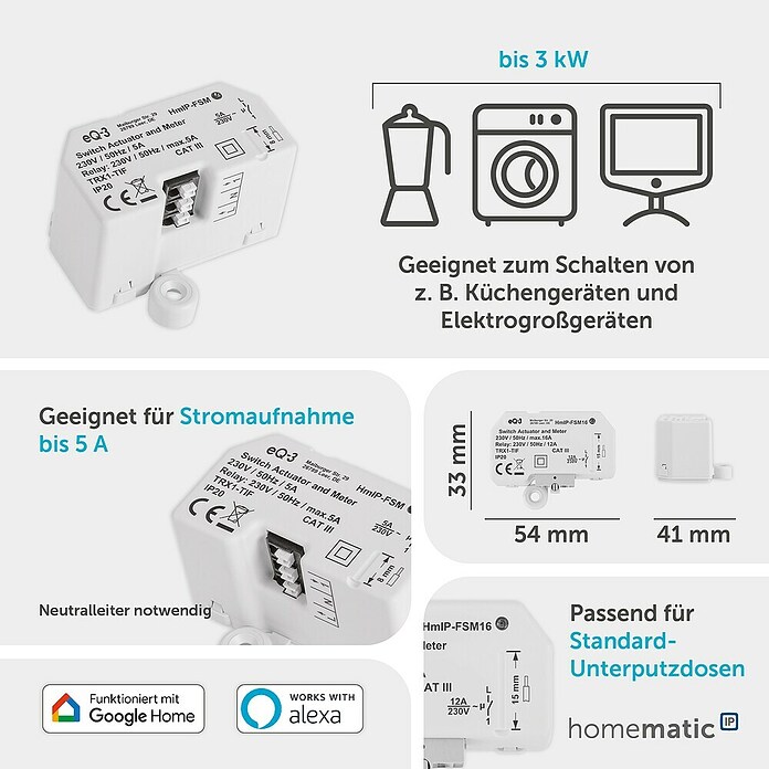 Homematic IP Funkschalter Mess-Aktor (230 V/50 Hz, 16 A, 41 x 54 x 33 mm)