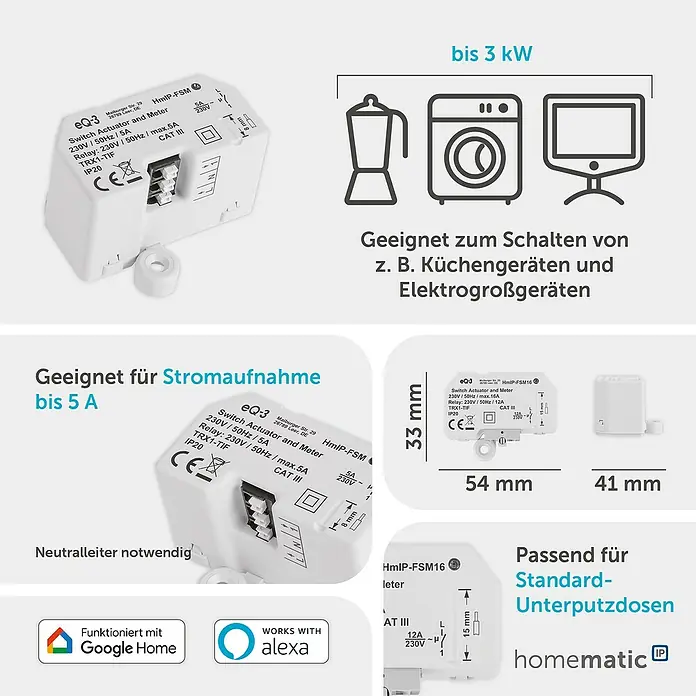 Homematic IP Funkschalter Mess-Aktor HmIP-FSM16 - 230 V, 16 A, 41 x 54 x 33 mm - Weißer Smart-Home-Schaltaktor mit Leistungsmessung, ein kompaktes Kunststoffgerät für den Unterputzeinbau, kompatibel mit Google Home und Alexa.