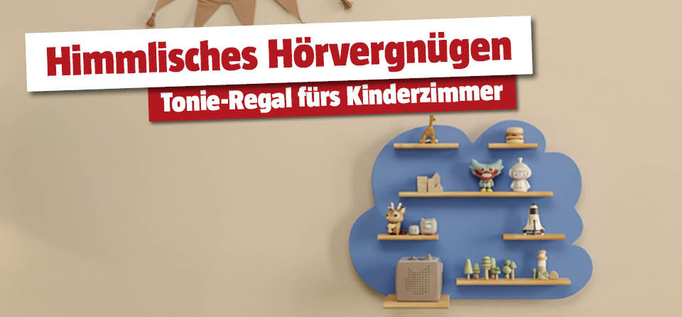 Tonie-Regal mit blauer Wolke und Holzbretter für die Figuren