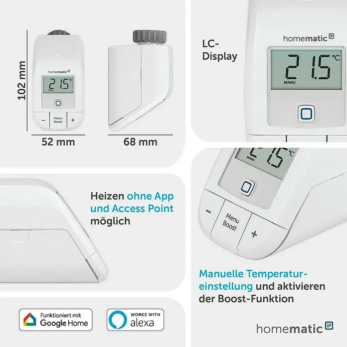 Homematic IP Heizkörper-Thermostat HmIP-eTRV-B-2 - M30 x 1,5 mm, Batteriebetrieben, 102 x 57 x 68 mm, Weiß, 1 Stk. - Weißer smarter Heizkörperthermostat mit LC-Display (21.5°C), manueller Steuerung und Maßen 102x52x68 mm. Kompatibel mit Google Home und Alexa.