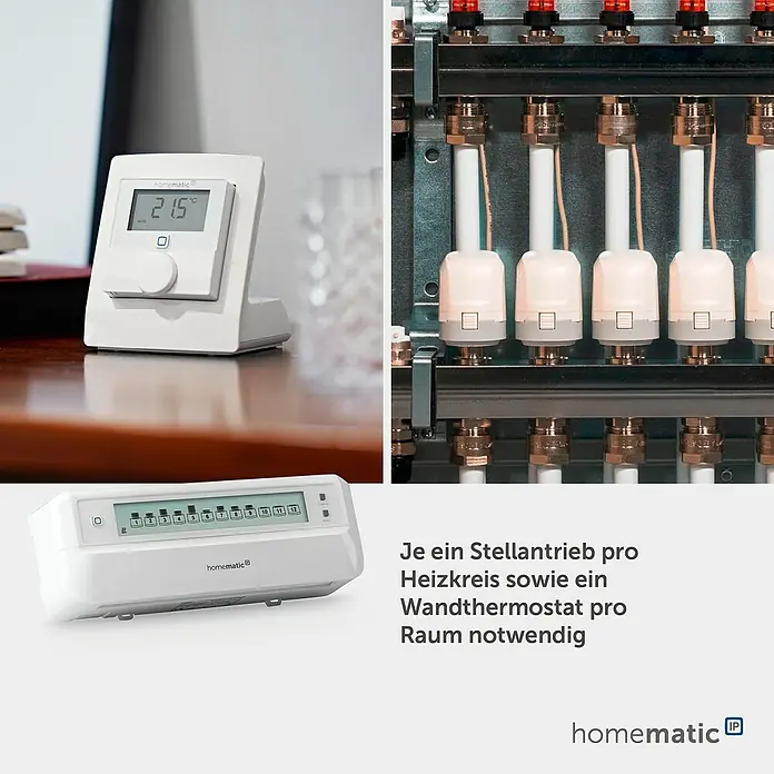 Homematic IP Fußbodenheizungsregler HmIP-FALMOT-C12 - 5,2 x 24,2 x 8,5 cm - Homematic IP Heizungssteuerung: weißes Wandthermostat, Mehrzonenregler und Stellantriebe am Heizkreisverteiler.