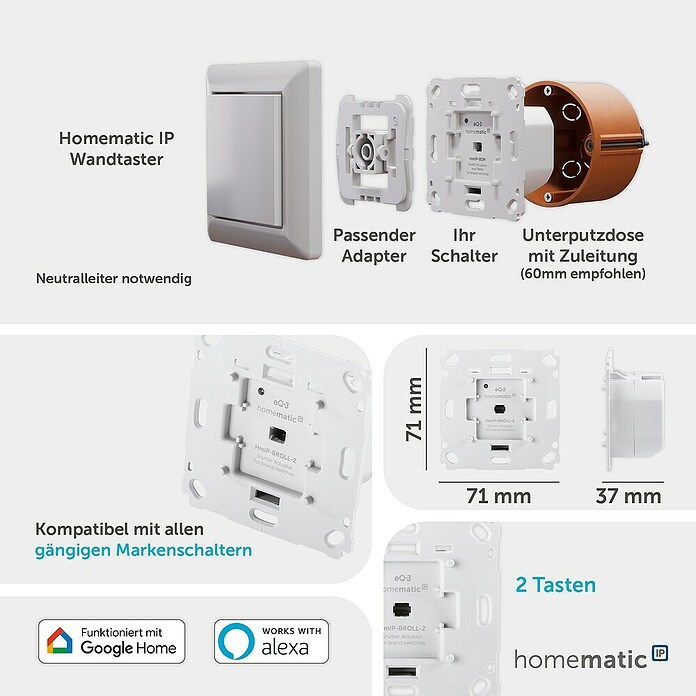 Homematic IP Rollladenschalter (Unterputz, 71 x 71 x 37 mm, Funk)