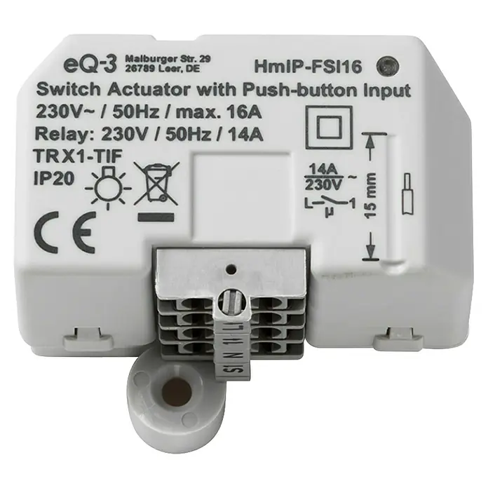 Homematic IP Funkschalter HmIP-FSI16 - Unterputz, 230 V, 16 A, 3.220 W - Weißer elektrischer Schaltaktor mit Metallklemmenblock, zeigt Spezifikationen und Anschlussbezeichnungen.