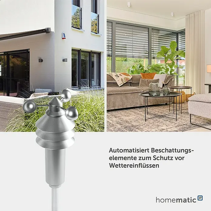 Homematic IP Funk-Wettersensor HmIP-SWO-B - Batteriebetrieben, 15 x 15 x 42 cm, Edelstahl - Silberner Wetterstationssensor mit Windmessbechern, Teil eines automatischen Beschattungssystems für ein modernes Haus.