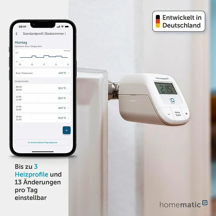 Homematic IP Heizkörper-Thermostat HmIP-eTRV-B-2 - M30 x 1,5 mm, Batteriebetrieben, 102 x 57 x 68 mm, Weiß, 1 Stk. - Weißes Smart-Heizkörperthermostat am Heizkörper, gesteuert über eine Smartphone-App mit Heizplänen und Temperatureinstellungen.