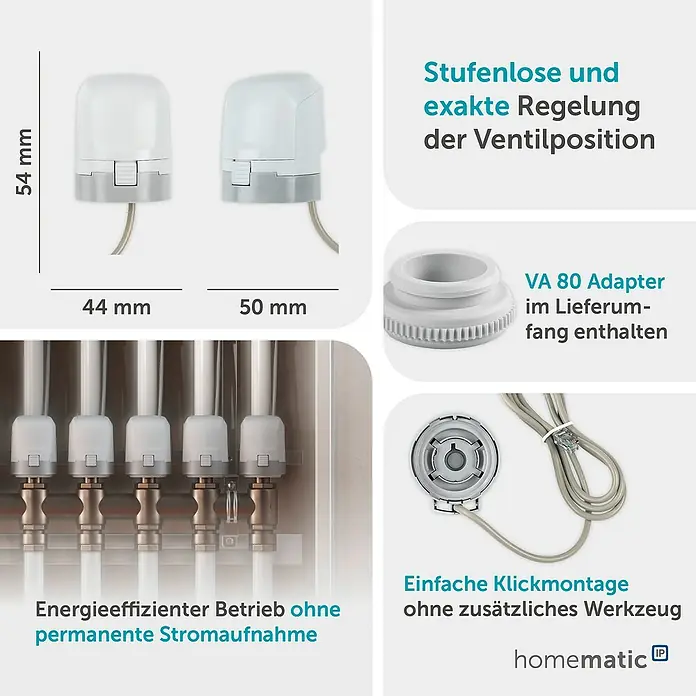 Homematic IP Thermo-Kleinventilantrieb HmIP-VDMOT - 4,4 x 5 x 5,4 cm, Grau, Weiß, M30 x 1,5 mm - Weiße und graue thermische Stellantriebe mit Maßen, inklusive Adapter, auf Heizverteiler montiert für energieeffiziente, stufenlose Ventilregelung.